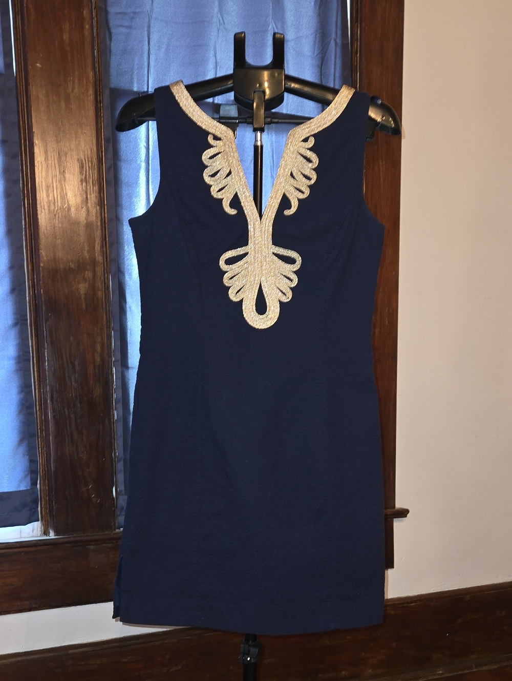 Lilly Pulitzer Navy Shift Dress with Gold Embroidery  V-Neck